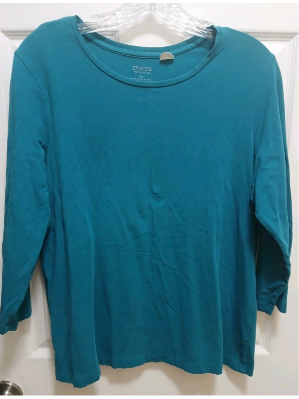 Chico's Womens True Color Tee Sz 2 US L Turquoise 3/4 Sleeve Pima Blend Stretchy